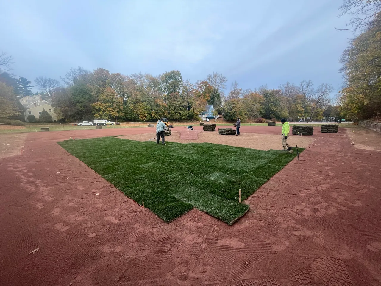 Laying sod on a ballfield infield